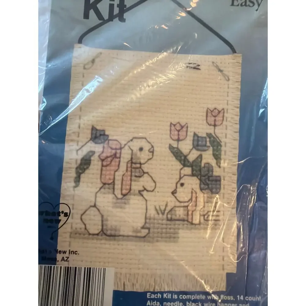 Vintage Quick & Easy Cross Stitch Kit Bunnies Rabbits Flowers Wall Hanging NOS